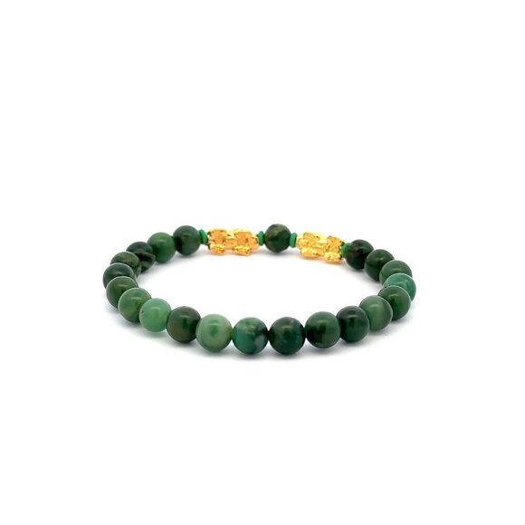 18K Gold Dragon Pixiu Double Piyao Charm Bracelet Gemstones African Jade 6mm - Picture 4 of 5